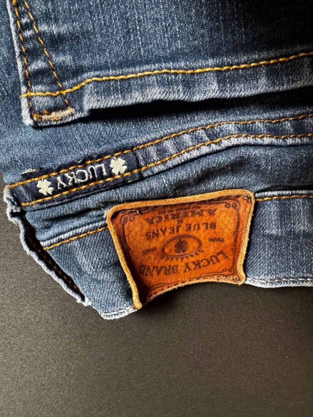 Lucky Brand Blue Denim Jeans Tan Leather Patch Minimalist Boho - Picture 5 of 6